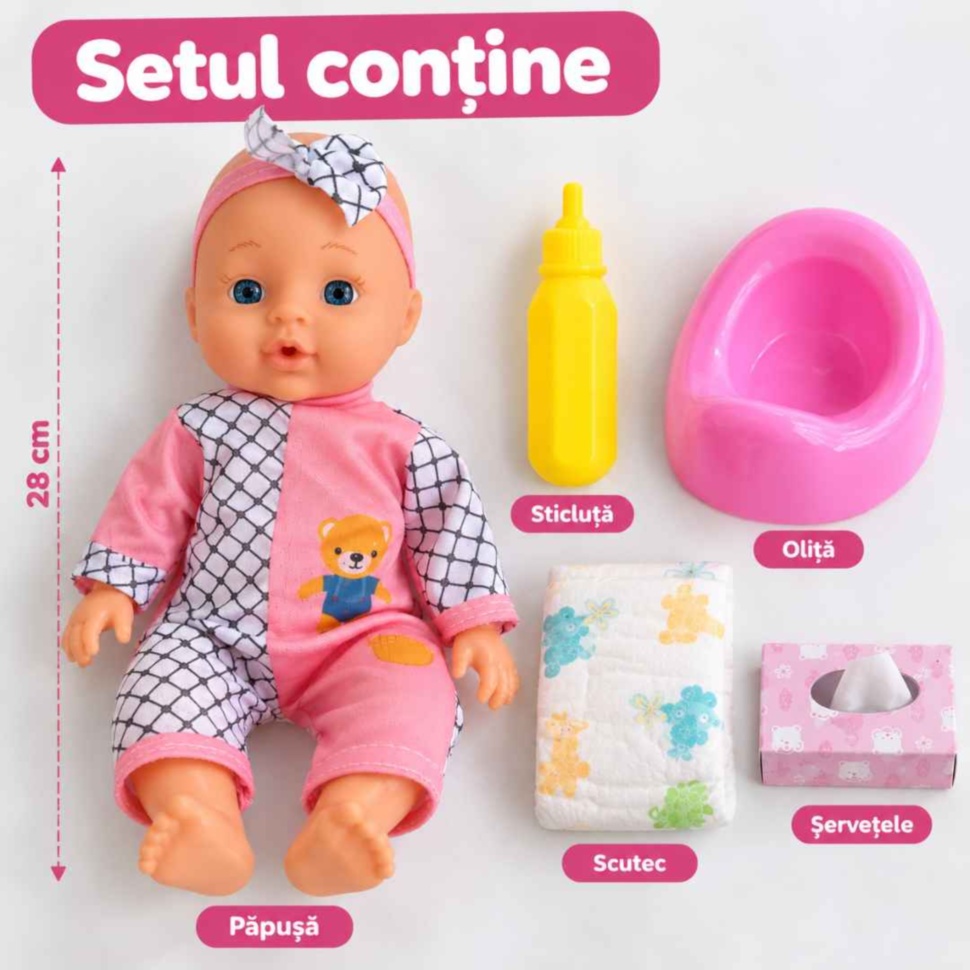 Conținutul setului cu păpușă, biberon, oliță, scutec și cutie de șervețele