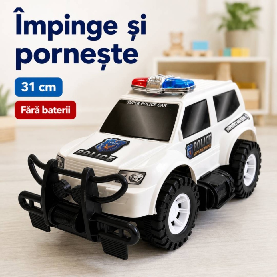 Mașină de poliție SUV albă de 31 cm cu mecanism de inerție și roți mari