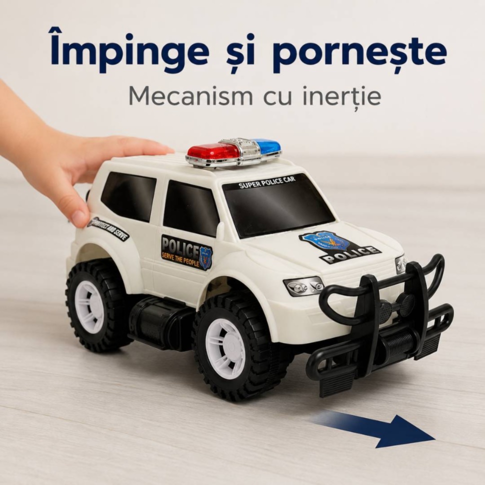 Copil împinge mașina de poliție SUV și activează mecanismul cu inerție