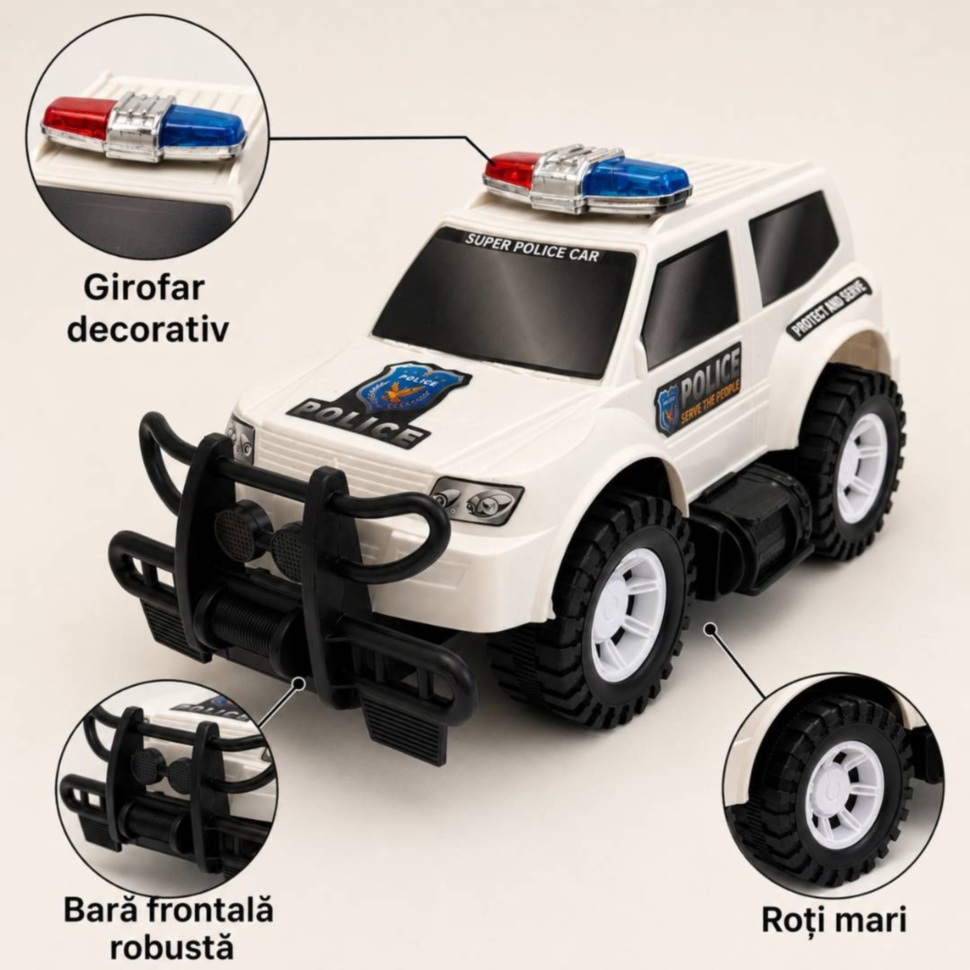Detalii mașină de poliție SUV cu girofar decorativ, bară frontală și roți mari