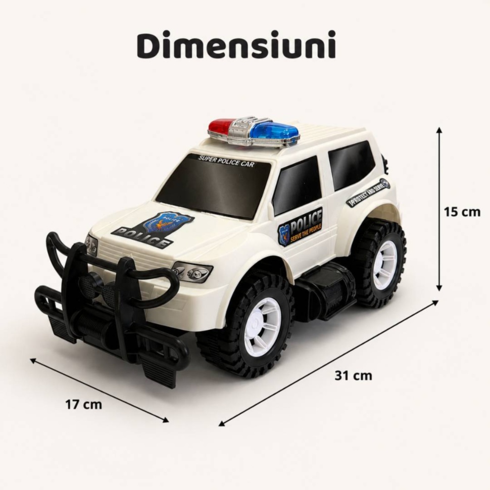 Dimensiunile mașinii de poliție SUV: 31 pe 17 pe 15 cm