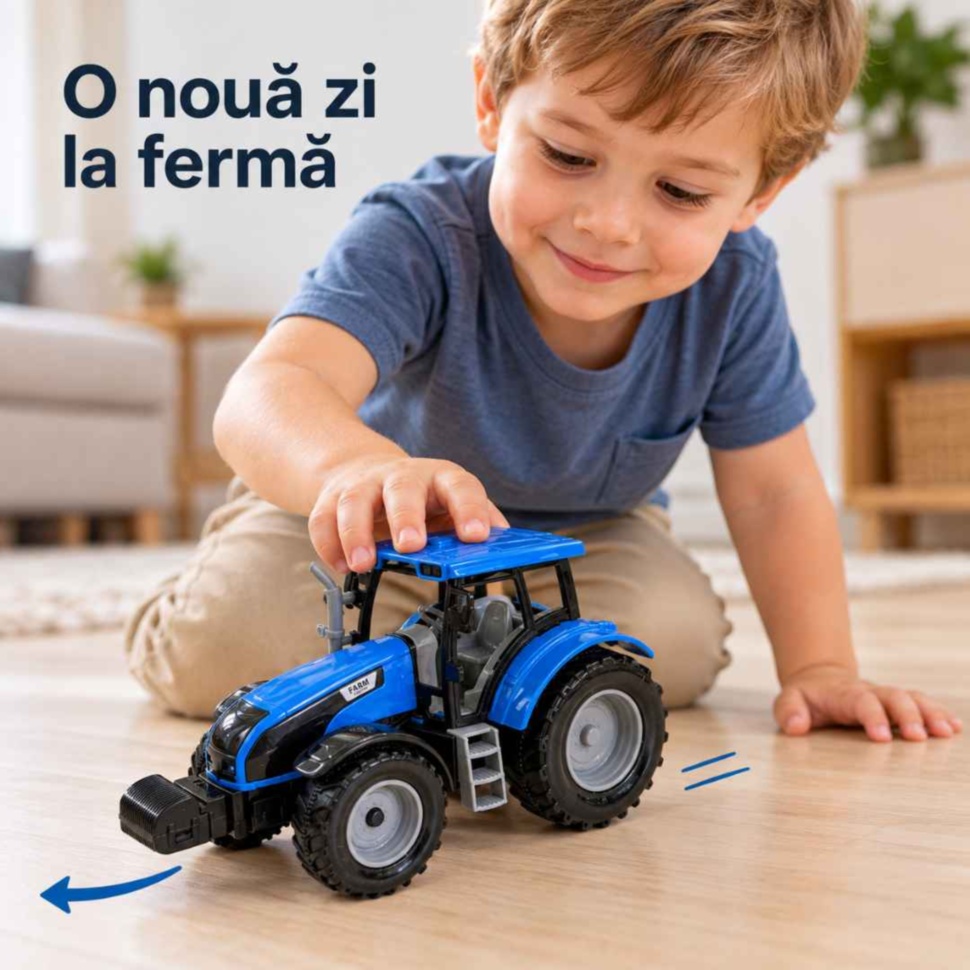 Copil se joacă pe podea cu tractorul albastru cu inerție