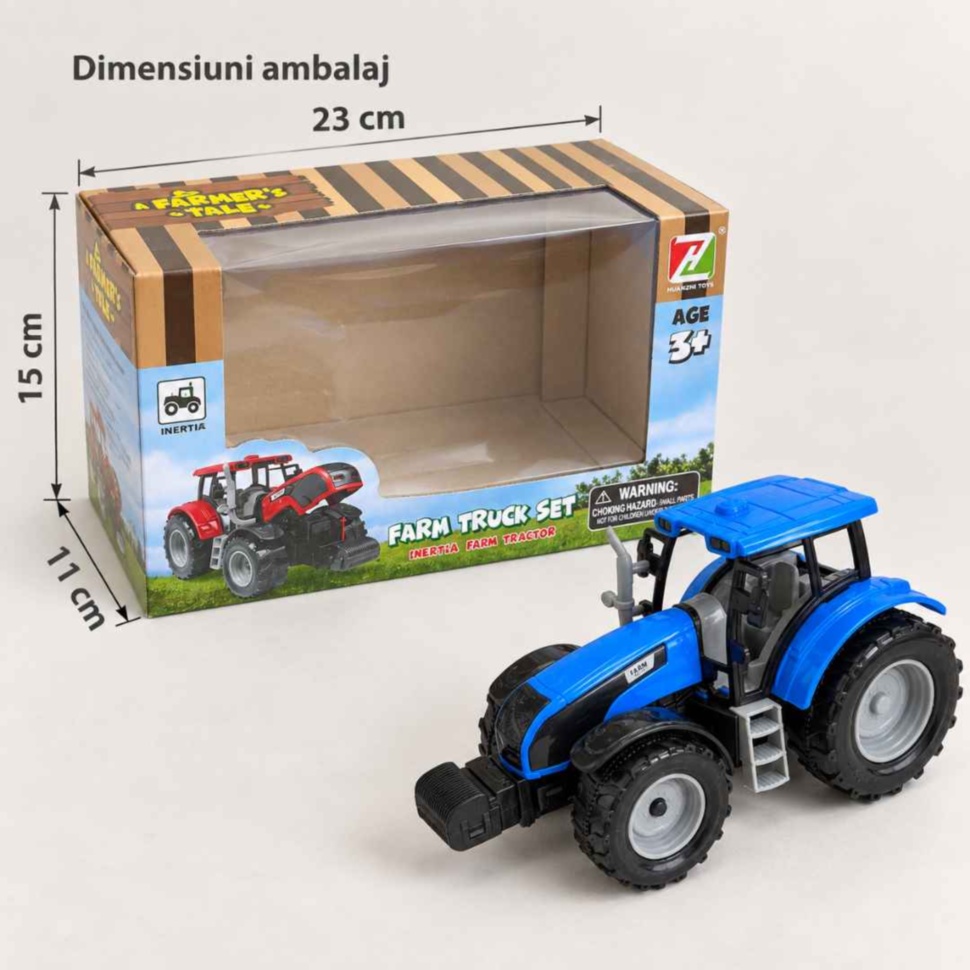 Tractorul lângă cutia sa, cu dimensiunile ambalajului de 23 × 15 × 11 cm