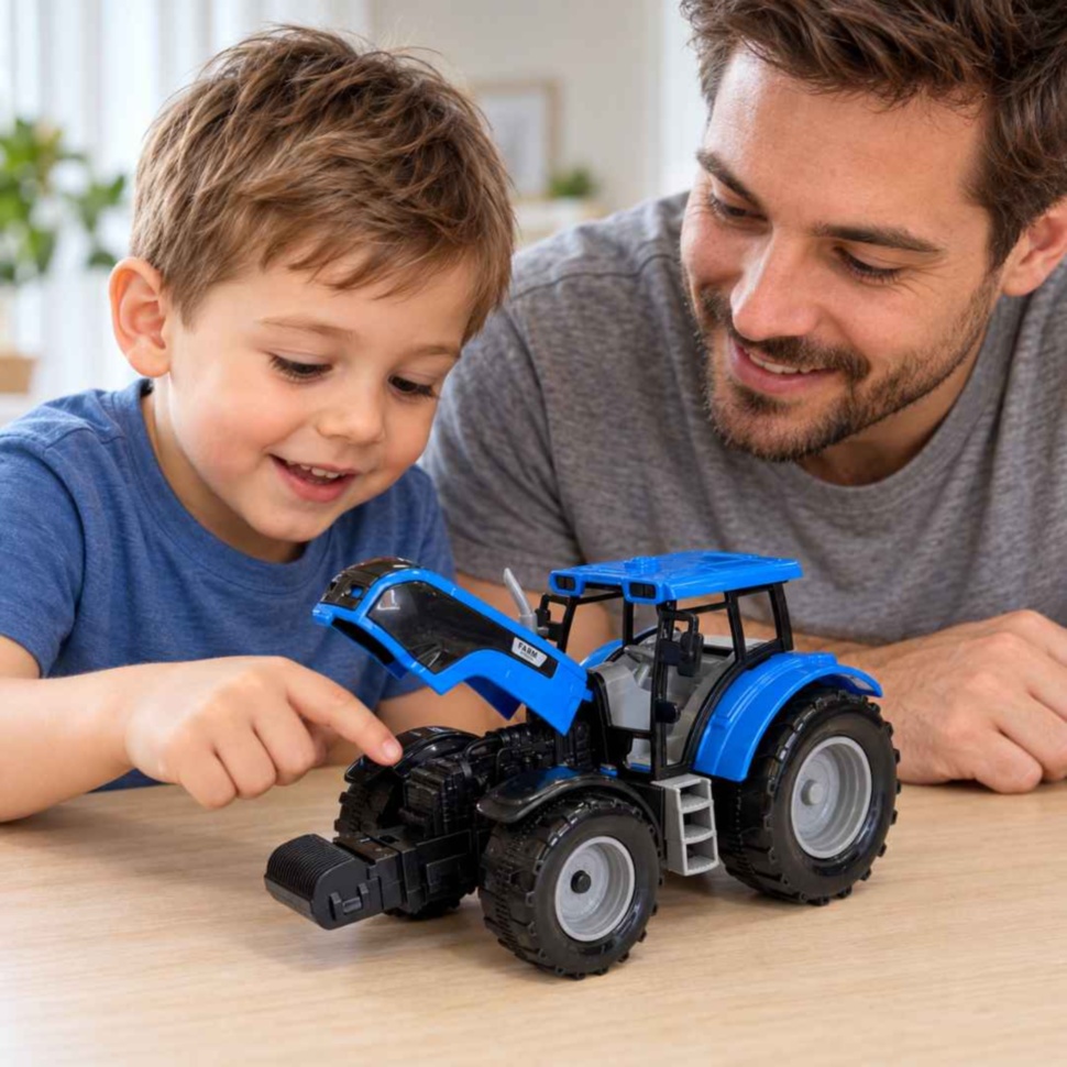Tată și copil explorează împreună tractorul albastru cu capota deschisă