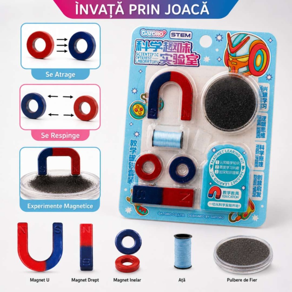 Set STEM magnetic cu magnet U, magnet drept, magnet inelar, ață și pulbere de fier