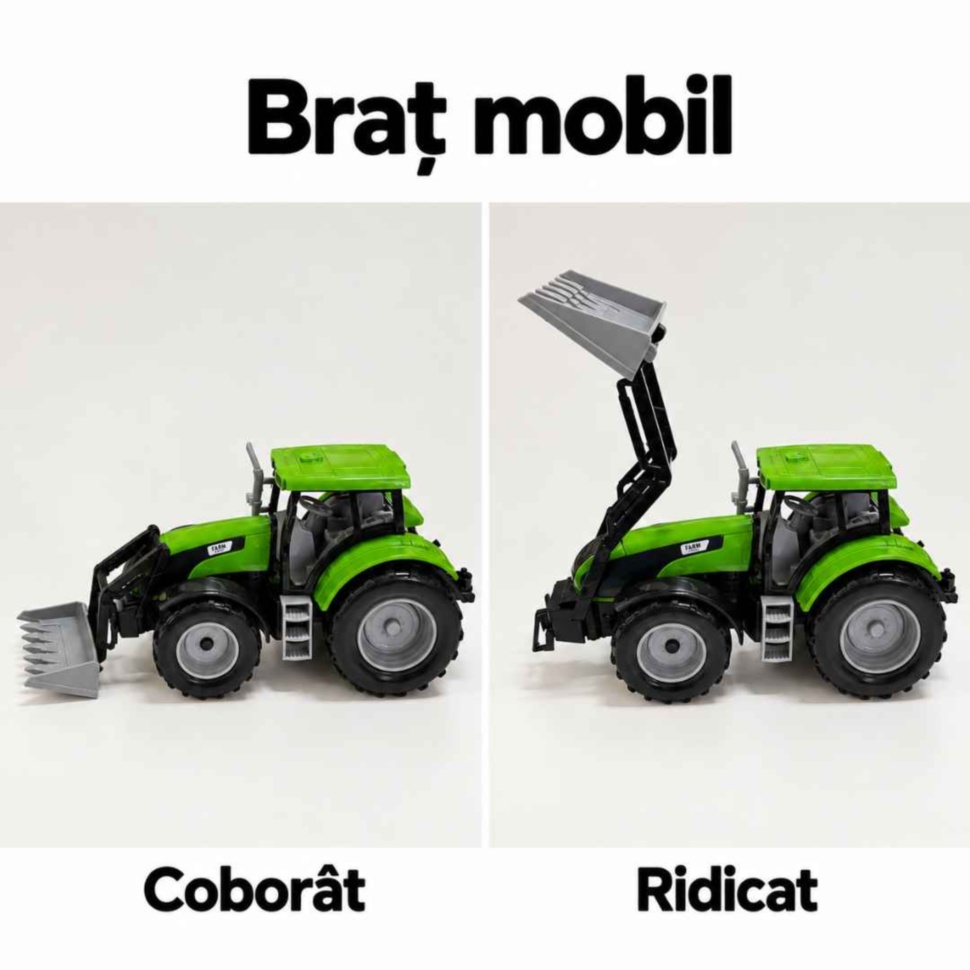 Tractorul verde cu brațul frontal coborât și ridicat, în două poziții de joacă