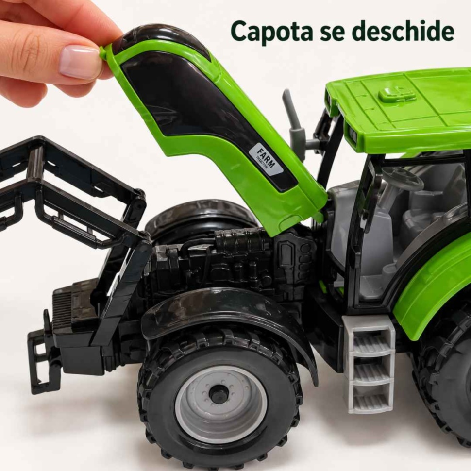 Capota deschisă a tractorului verde și detaliile motorului de jucărie