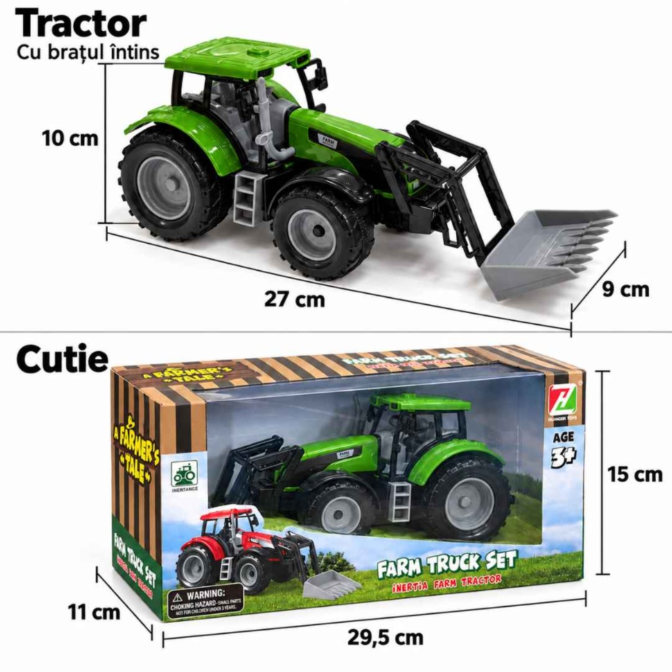 Tractor de 27 × 9 × 10 cm cu brațul întins și cutie de 29,5 × 15 × 11 cm