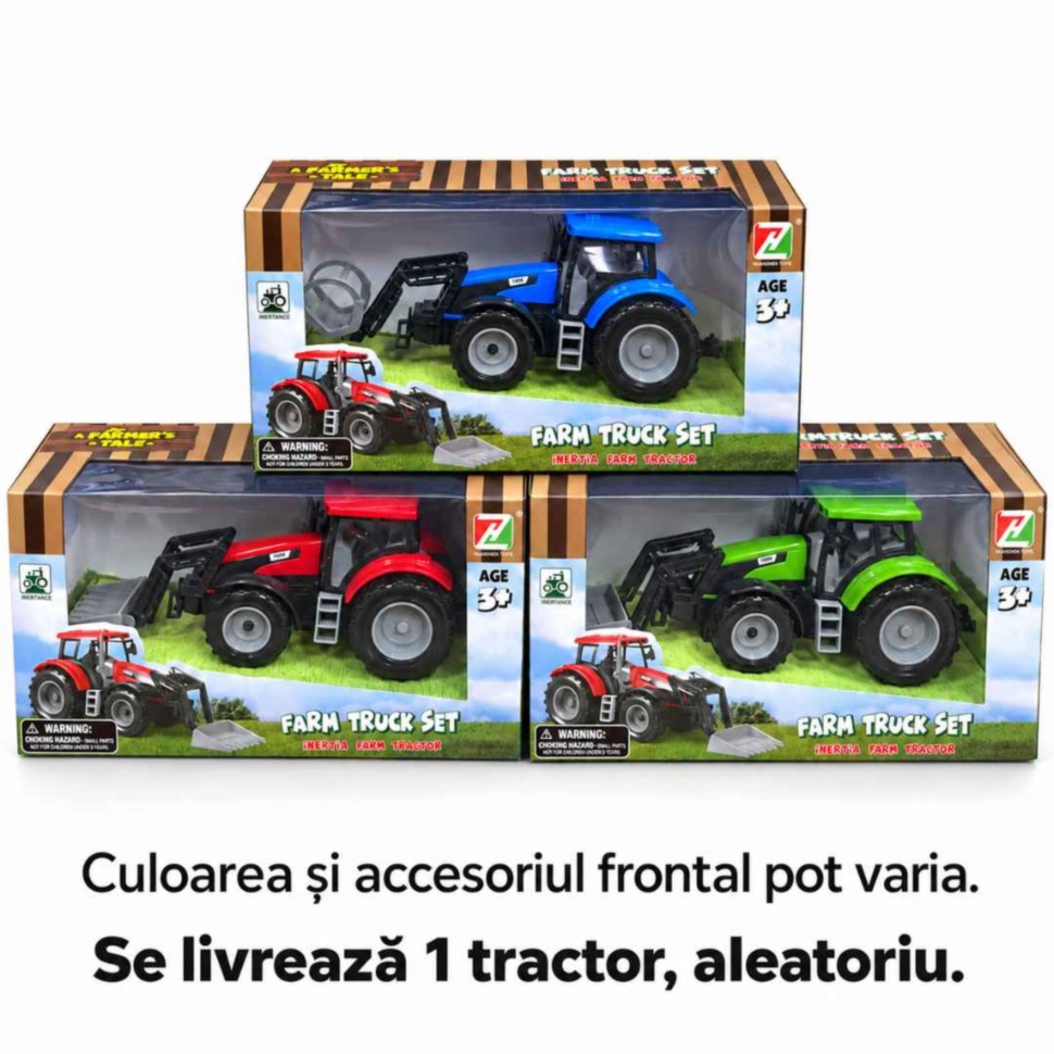 Variante de tractoare albastru, roșu și verde; culoarea și accesoriul frontal pot varia, iar pachetul conține un singur tractor