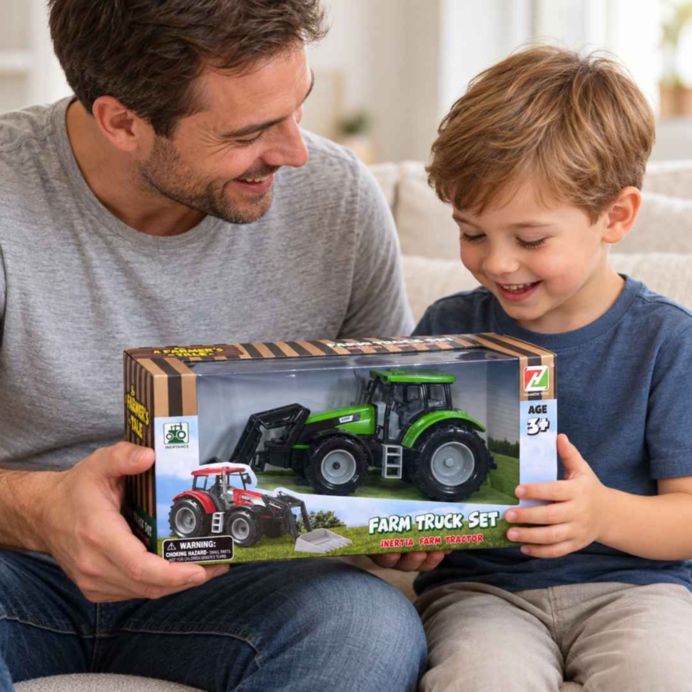 Tată și copil privesc tractorul de jucărie verde în cutia sa