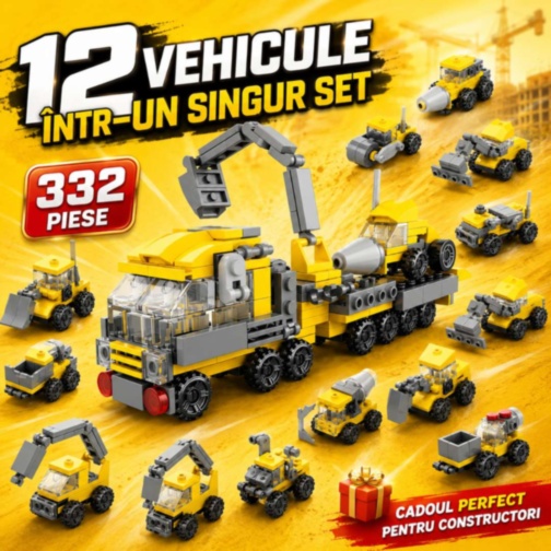Set Construcție 12 în 1 Vehicule de Șantier 332 Piese