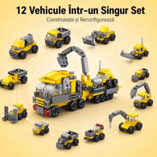 Set Construcție 12 în 1 Vehicule de Șantier 332 Piese