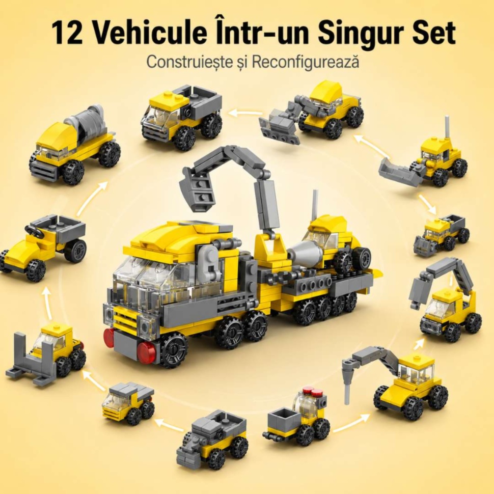 12 vehicule într-un singur set de construcție pentru copii