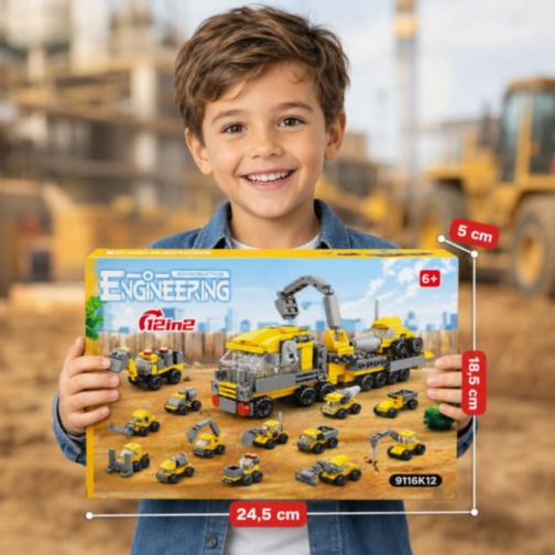 Set Construcție 12 în 1 Vehicule de Șantier 332 Piese