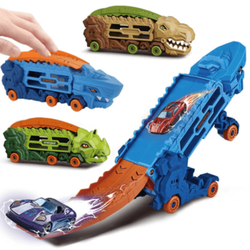 Mașină Dinozaur cu Piste Transformabile și 1 Mașinuță Metalică (model aleatoriu)