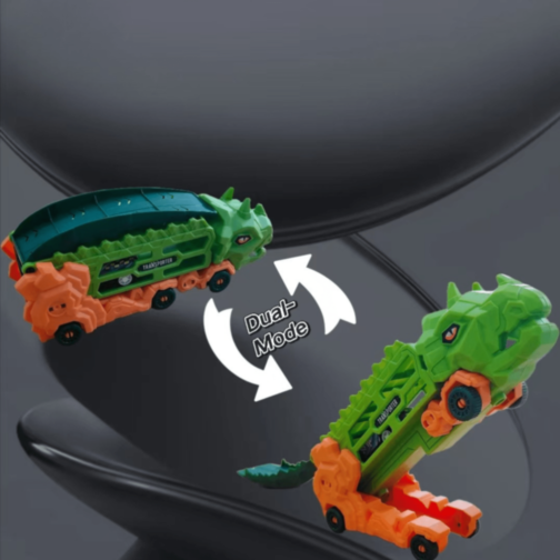 Mașină Dinozaur cu Piste Transformabile și 1 Mașinuță Metalică (model aleatoriu)