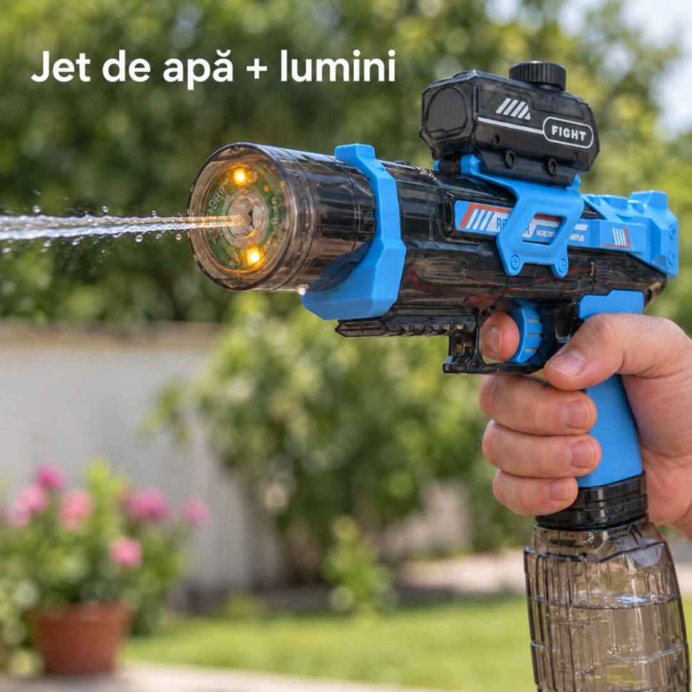 Pistol electric cu apă pentru copii, cu jet de apă și lumini în partea frontală