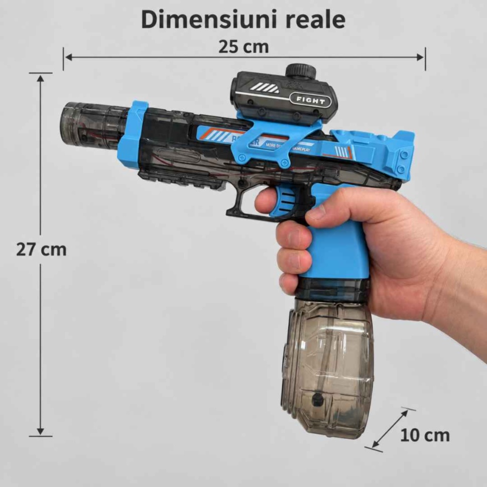 Dimensiunile pistolului electric cu apă: 25 × 10 × 27 cm, prezentat în mâna unui adult
