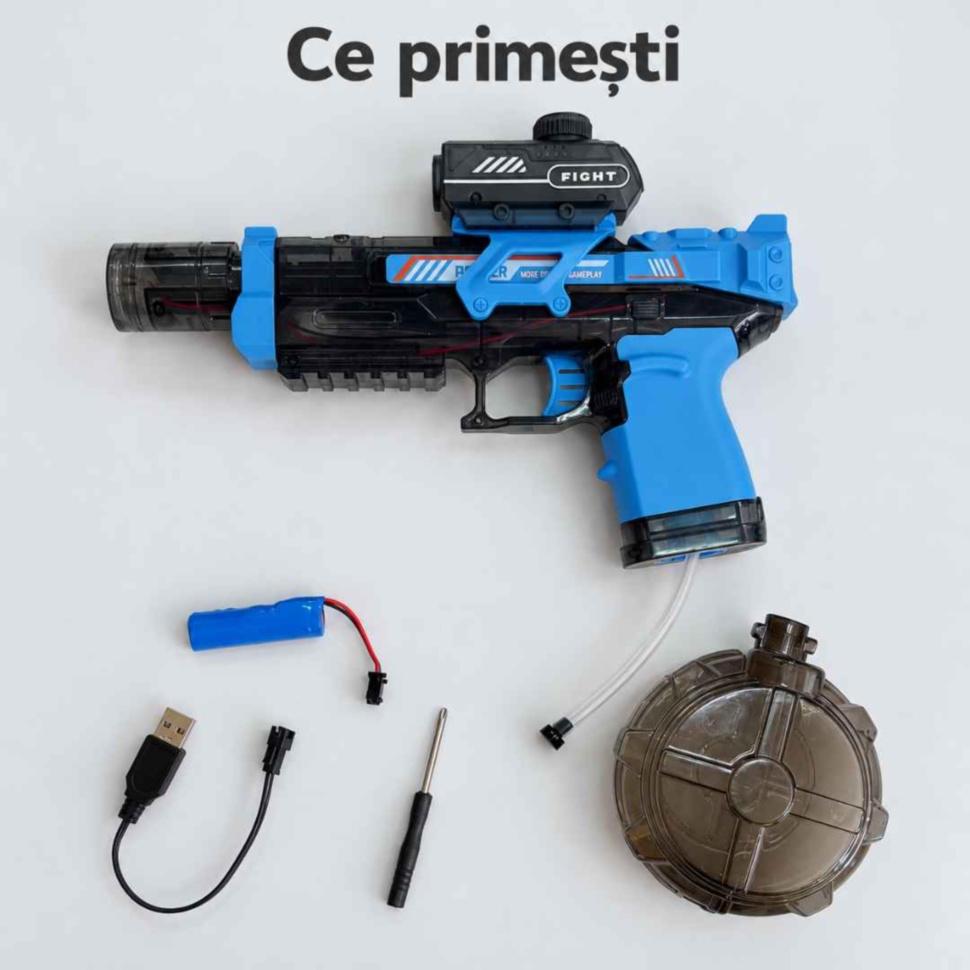Conținutul setului: pistol electric cu apă, rezervor detașabil, acumulator, cablu USB și șurubelniță