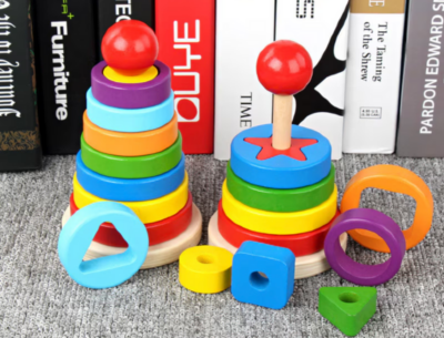 Turn Montessori din Lemn cu Forme Geometrice și Inele Colorate – Joc Educativ 2 în 1 | image
