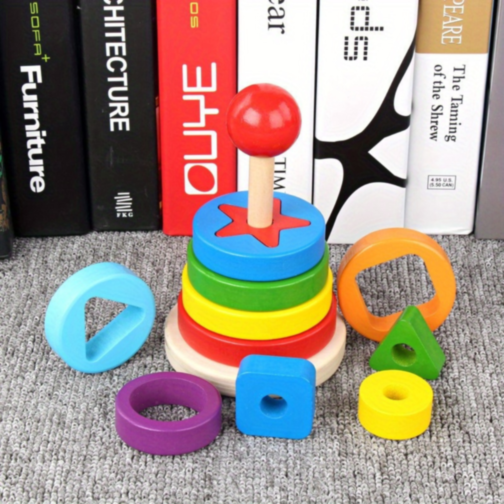 Turn Montessori din Lemn cu Forme Geometrice și Inele Colorate – Joc Educativ 2 în 1