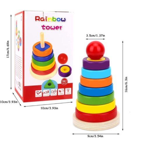 Turn Montessori din Lemn cu Forme Geometrice și Inele Colorate – Joc Educativ 2 în 1