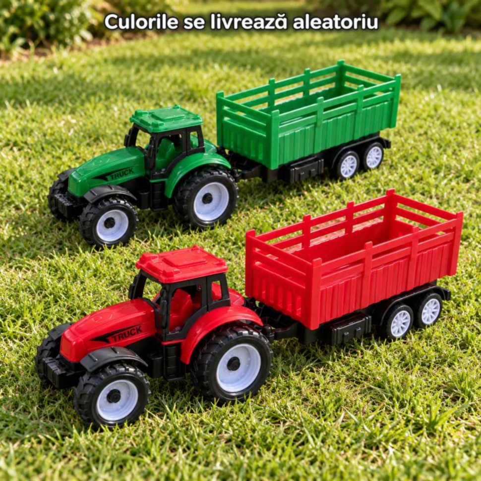 Tractor cu remorcă în variantele roșu și verde, cu o singură variantă livrată aleatoriu