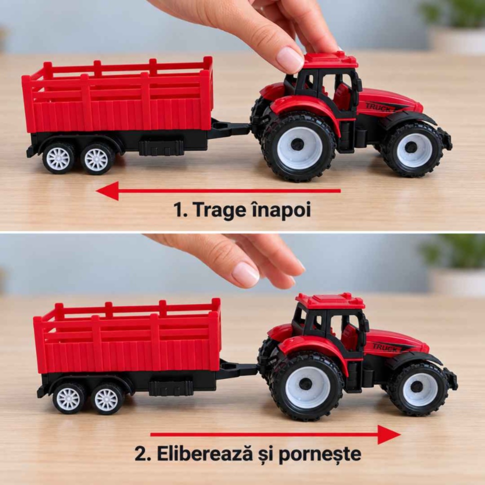 Mecanism pull-back în doi pași: trage tractorul înapoi, apoi eliberează-l pentru a porni înainte