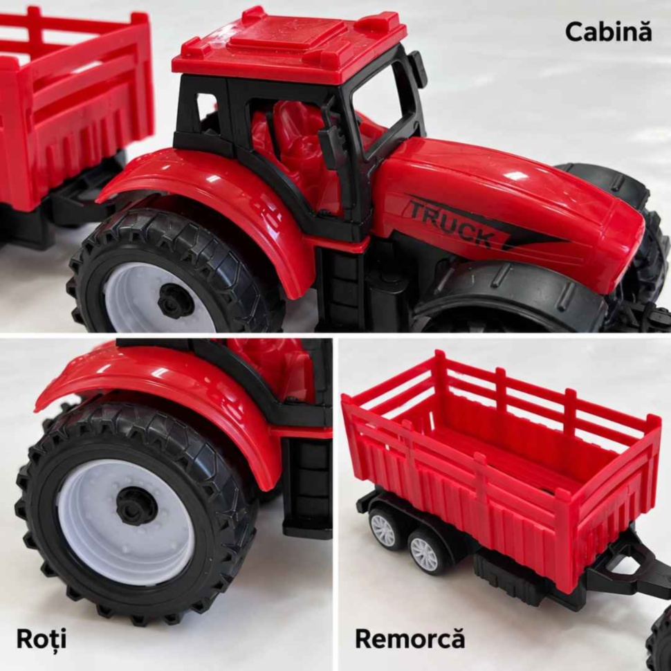 Detalii ale tractorului roșu: cabină, roți și remorcă deschisă cu laterale înalte