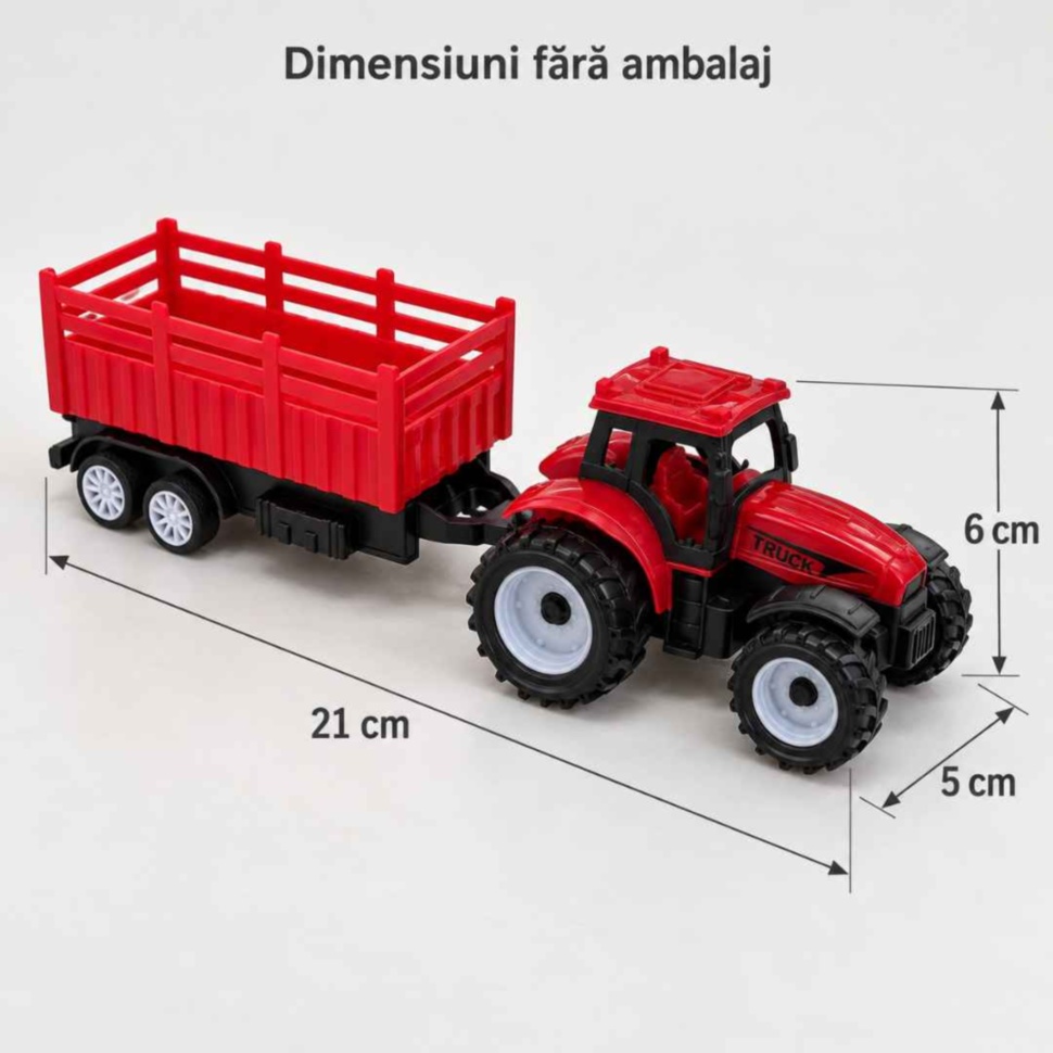 Dimensiunile tractorului cu remorca atașată: 21 cm lungime totală, 6 cm înălțime și 5 cm lățime