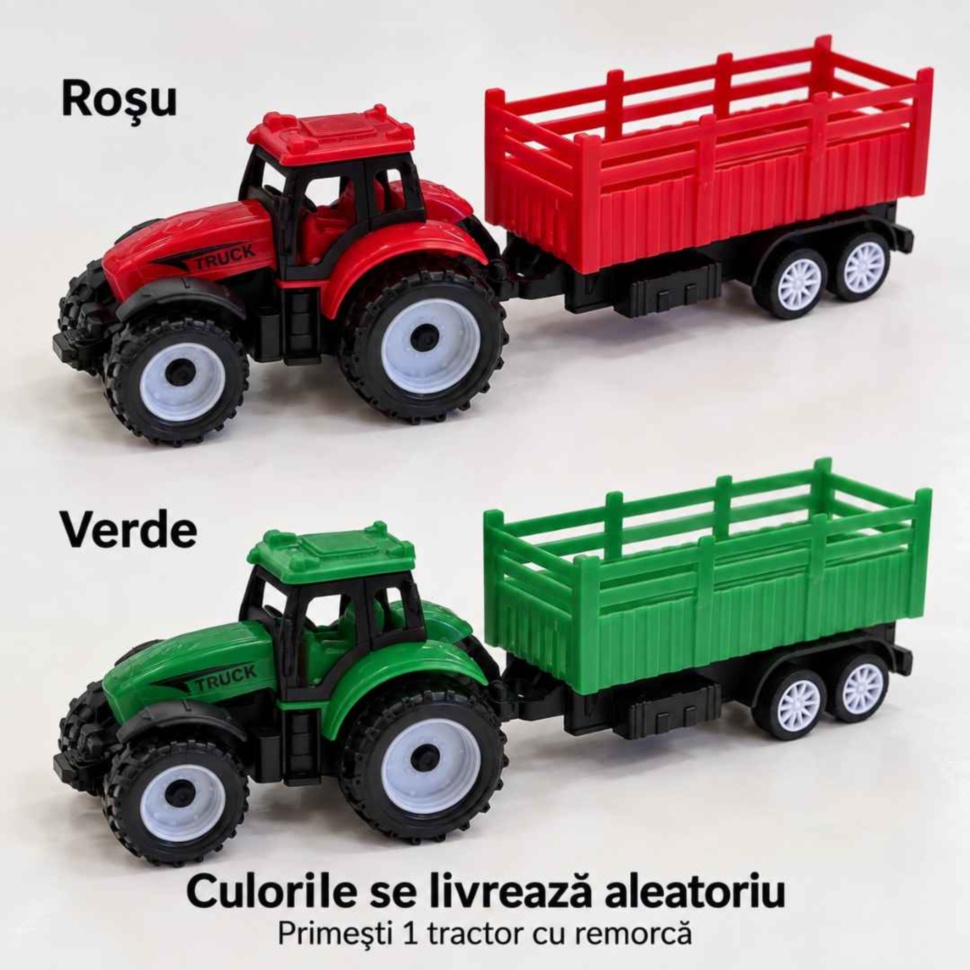 Variantele roșu și verde ale tractorului cu remorcă; primești o singură variantă, cu culoare aleatorie