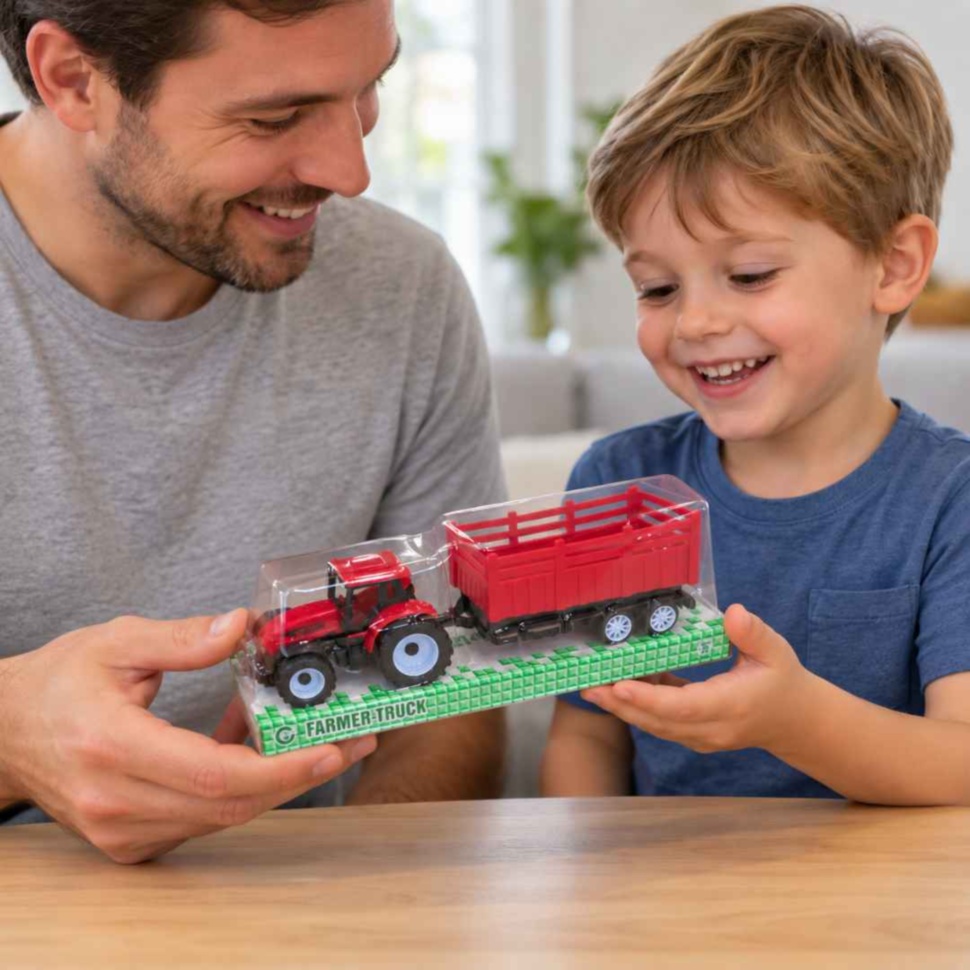 Tată oferind copilului tractorul cu remorcă în ambalajul original