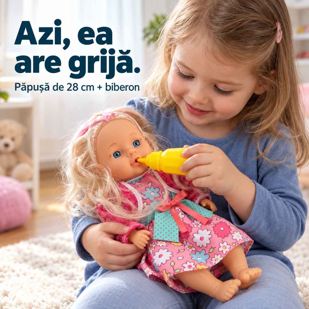 Fetiță care ține în brațe păpușa blondă de 28 cm și îi oferă apă cu biberonul galben inclus