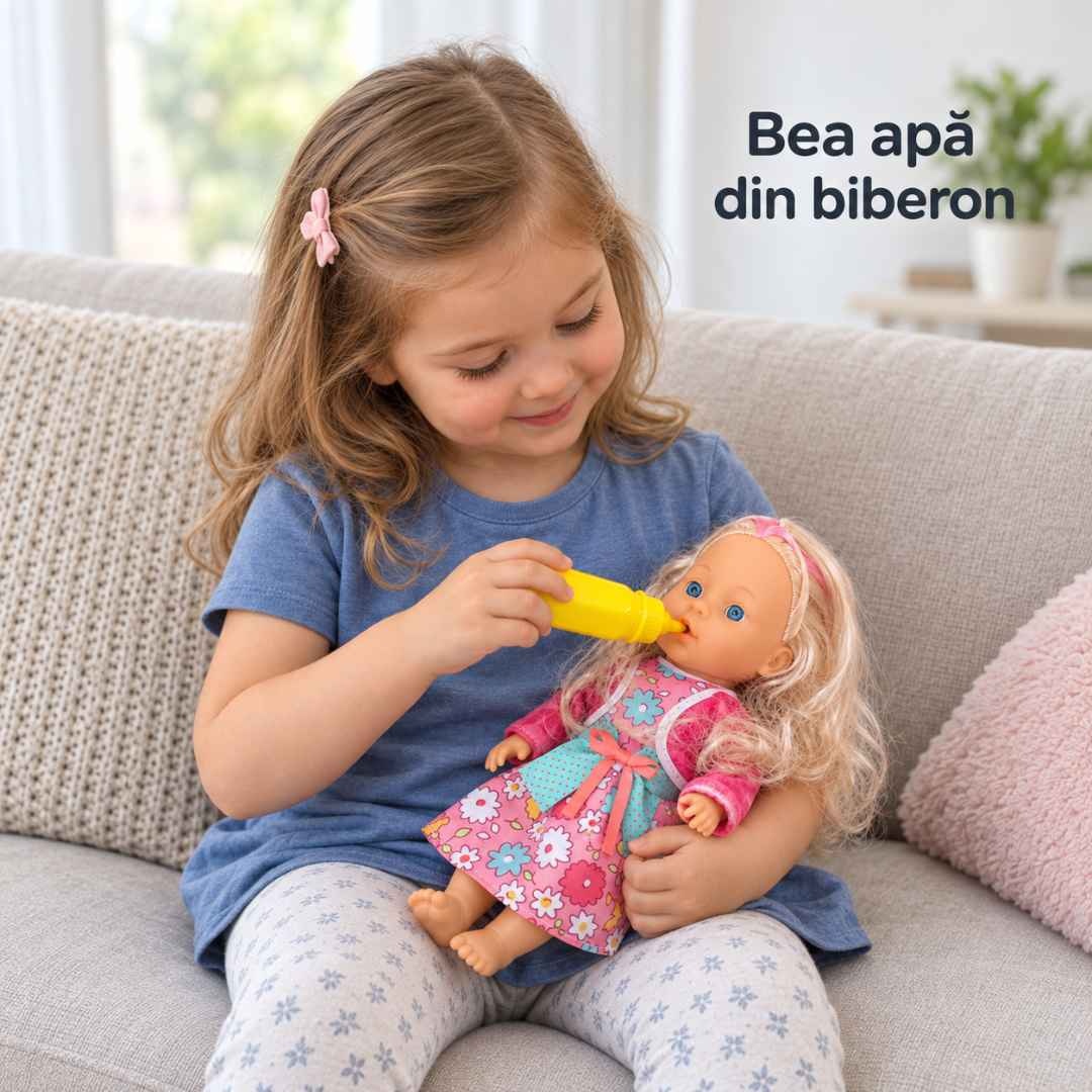 Fetiță așezată pe canapea, oferind apă din biberon păpușii cu rochiță florală