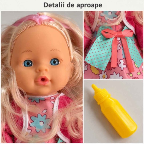 Păpușă 28 cm cu biberon pentru joacă de rol
