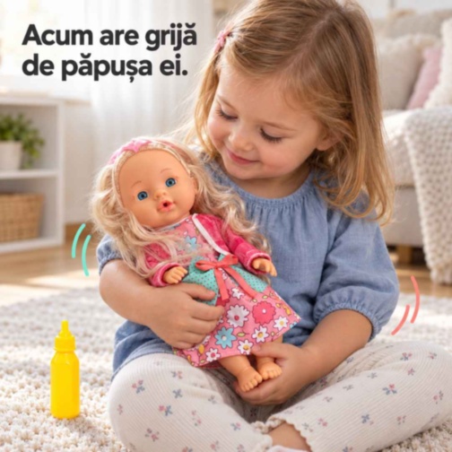 Păpușă 28 cm cu biberon pentru joacă de rol