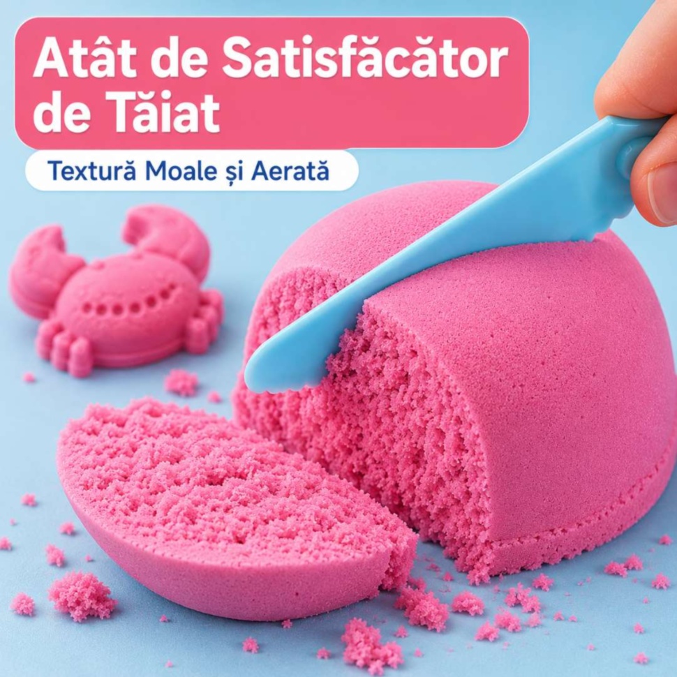 Nisip magic cu textură moale care poate fi tăiat și modelat