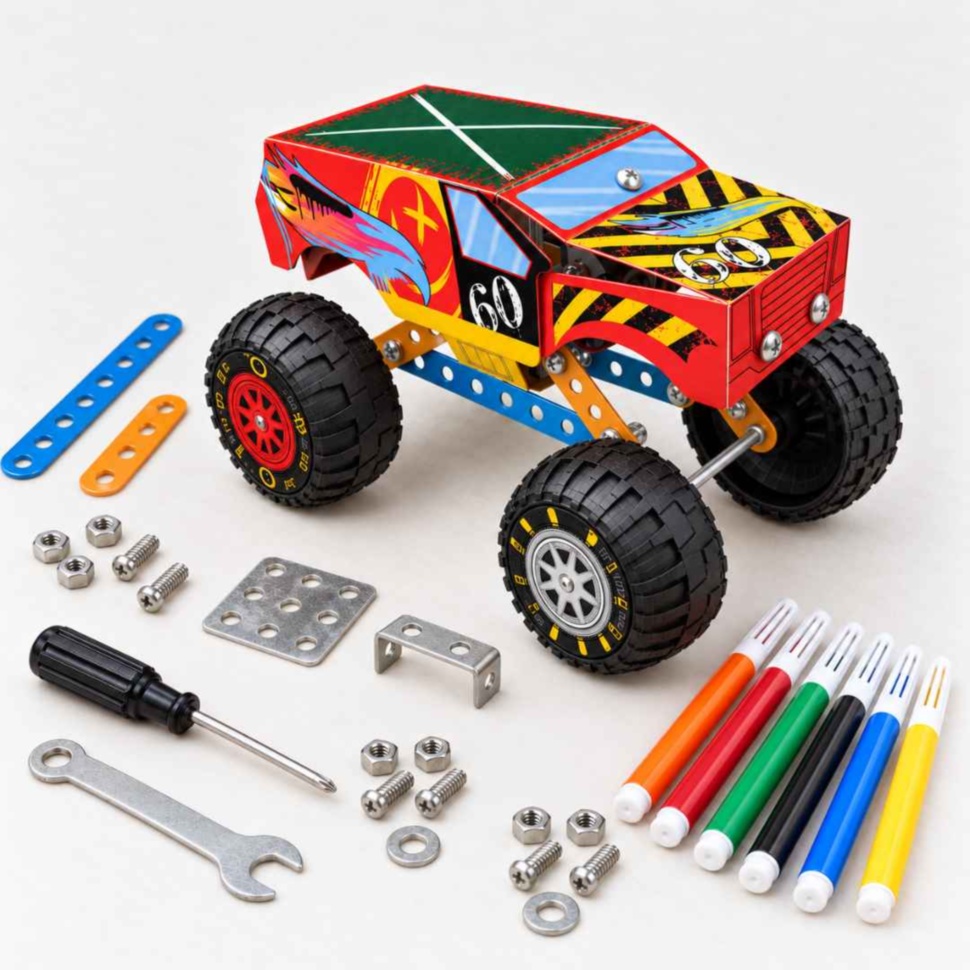 Set de construcție metalic monster truck 868-10, cu unelte, piese de montaj și 6 carioci