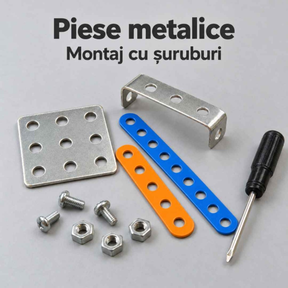 Detaliu cu piese metalice perforate, șuruburi, piulițe și șurubelnița setului de construcție