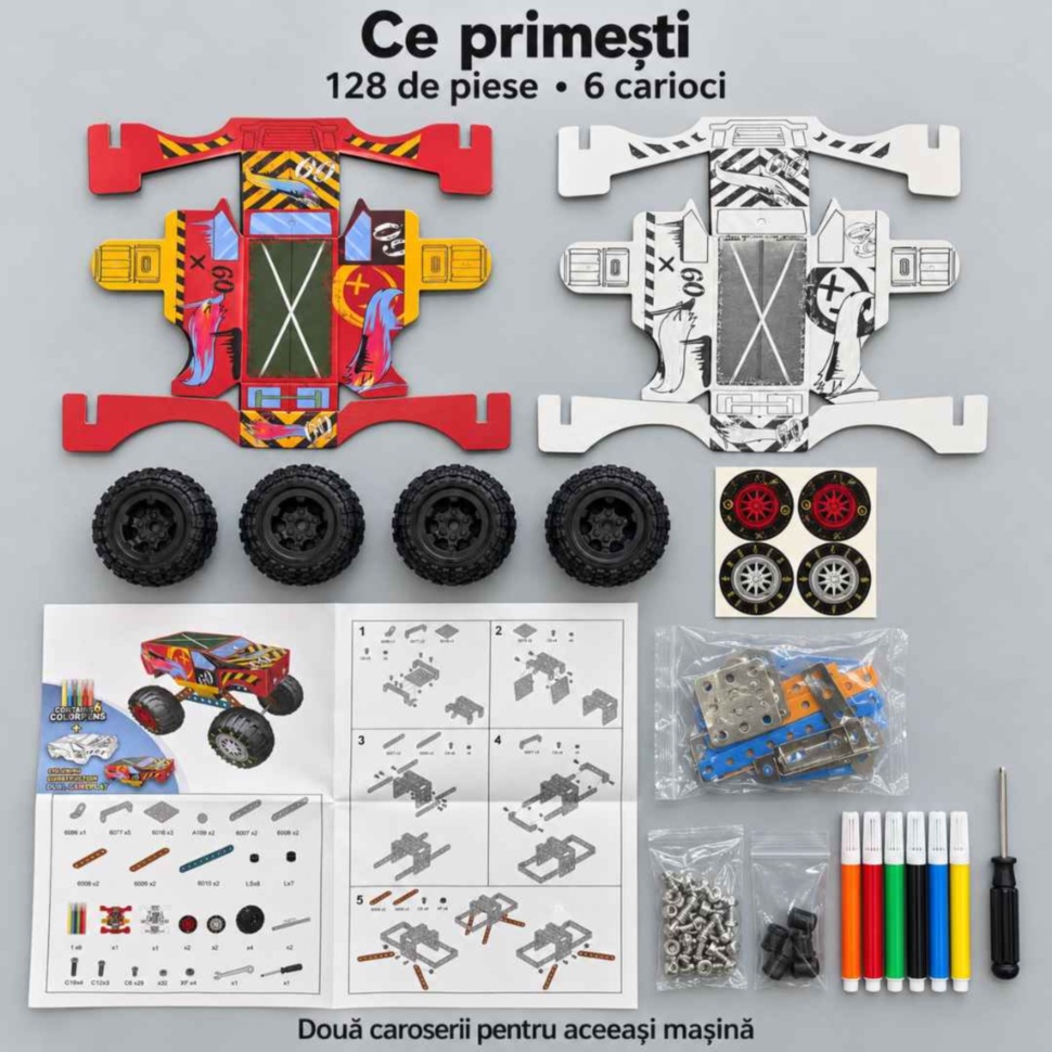 Conținutul setului de construcție: piese metalice, patru roți, două caroserii, elemente de fixare, carioci și instrucțiuni