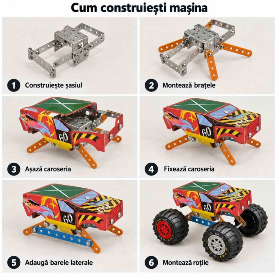 Prezentare în șase etape a asamblării mașinii monster truck, de la șasiu la montarea roților