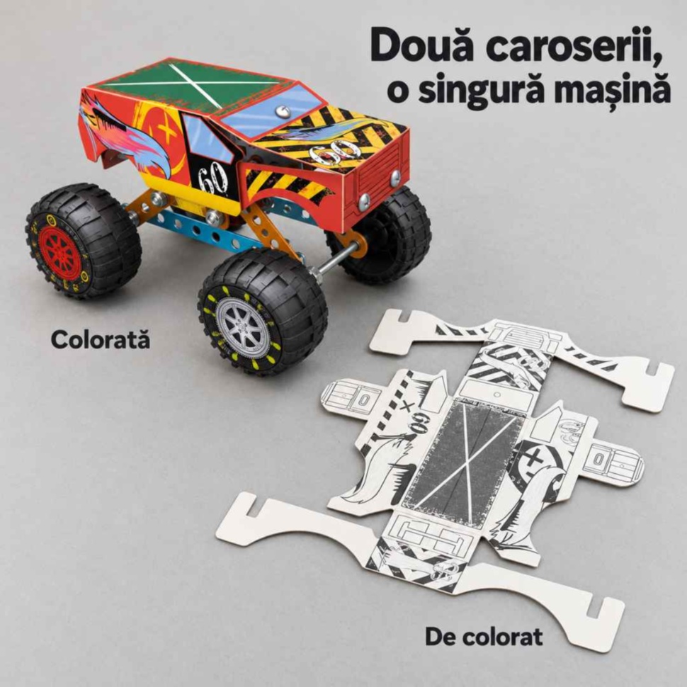 Două caroserii pentru aceeași mașină monster truck: una colorată și una albă de personalizat
