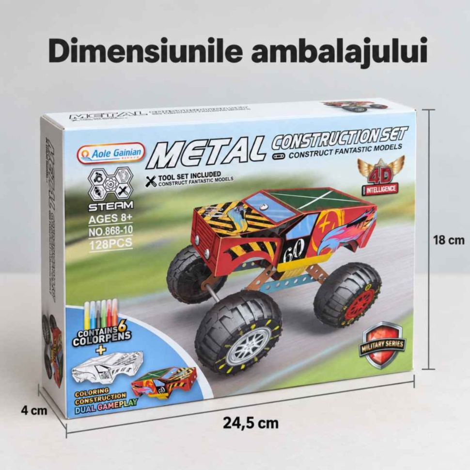 Dimensiunile cutiei setului monster truck 868-10: 24,5 cm lățime, 18 cm înălțime și 4 cm grosime