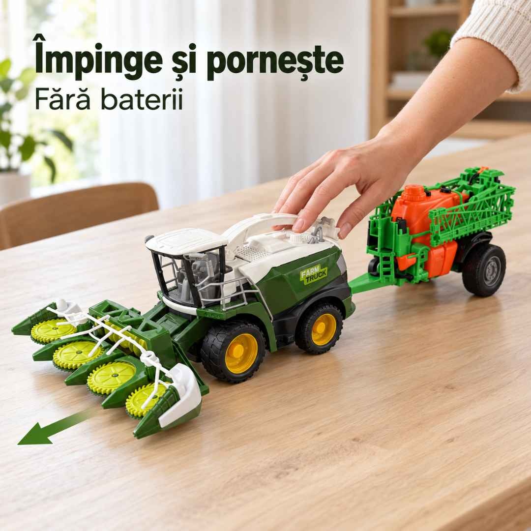 Mână care împinge combina agricolă înainte, ilustrând mecanismul cu inerție și funcționarea fără baterii