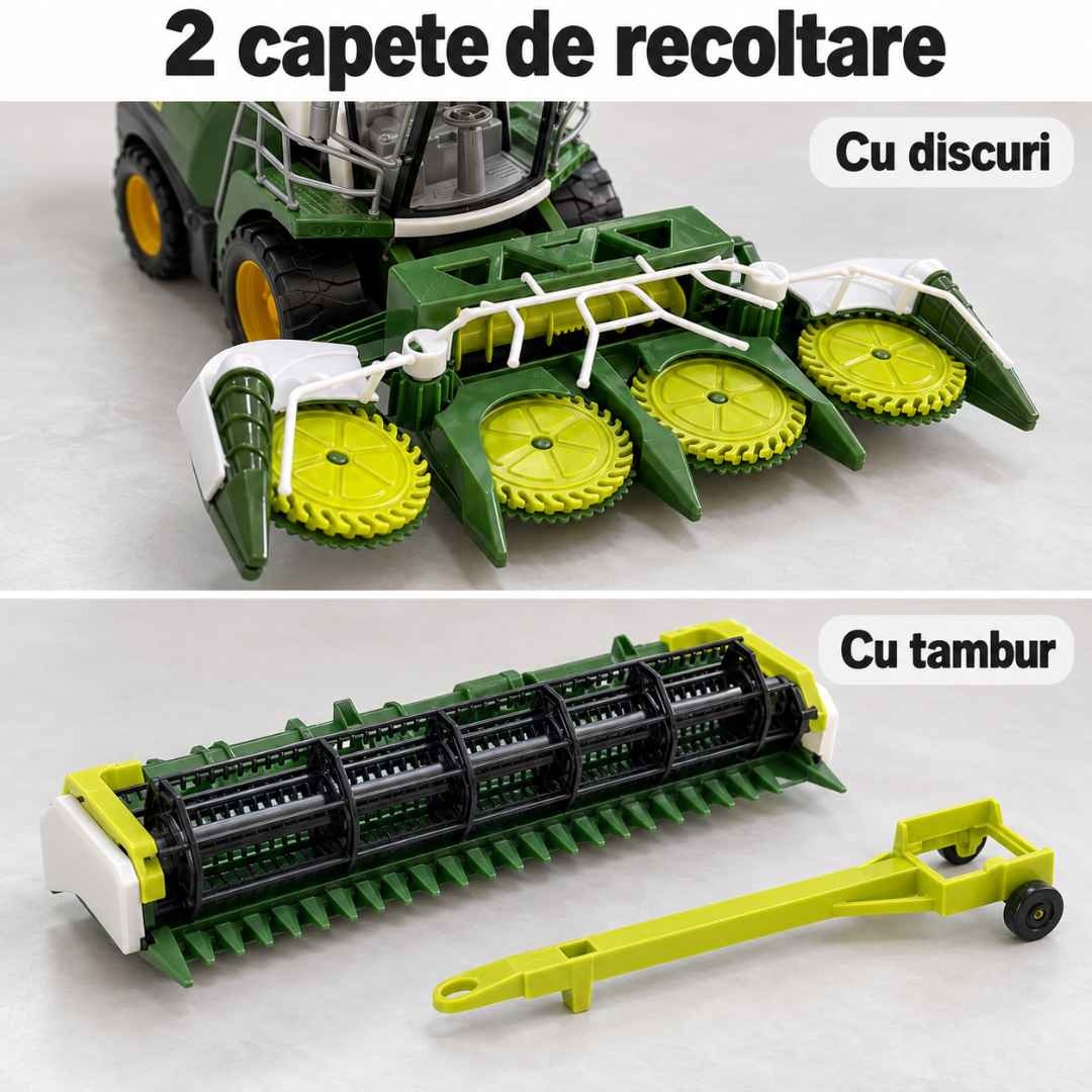 Cele două capete de recoltare interschimbabile: cap cu discuri și cap cu tambur, alături de căruciorul de transport
