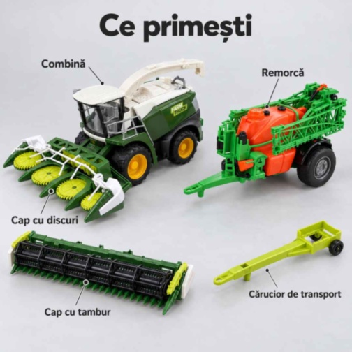 Combină agricolă cu remorcă și două capete interschimbabile