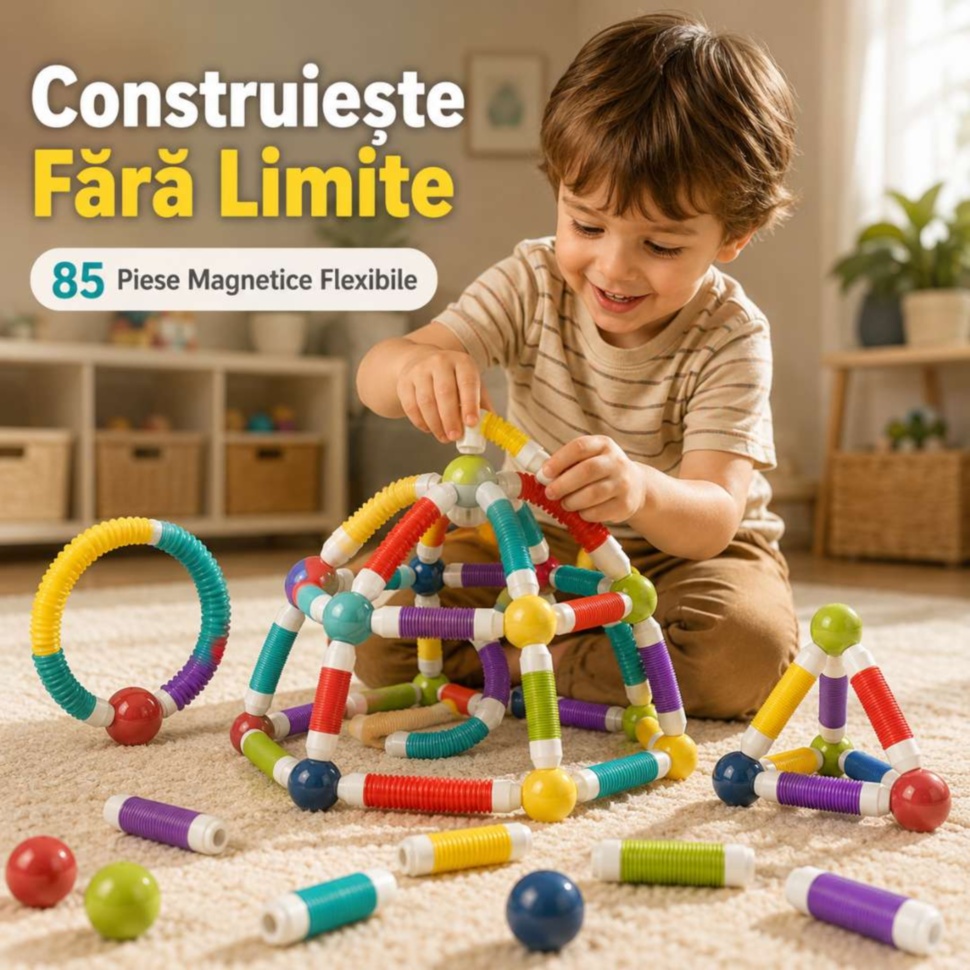 Set magnetic flexibil pentru construcții creative 85 piese pentru copii