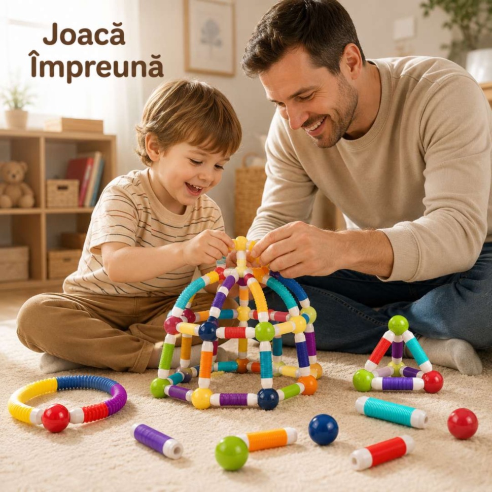 Părinte și copil construiesc împreună cu set magnetic flexibil