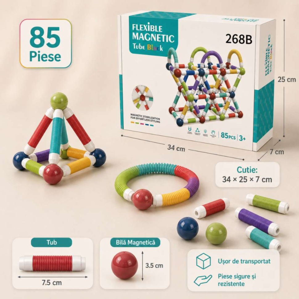 Dimensiune cutie set magnetic flexibil 85 piese
