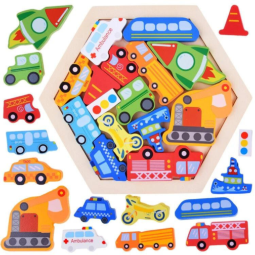 Puzzle din lemn cu vehicule colorate